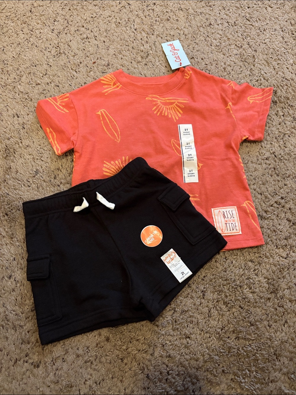 jumping beans Coral Orange Graphic Tee with Black Cargo Shorts Set